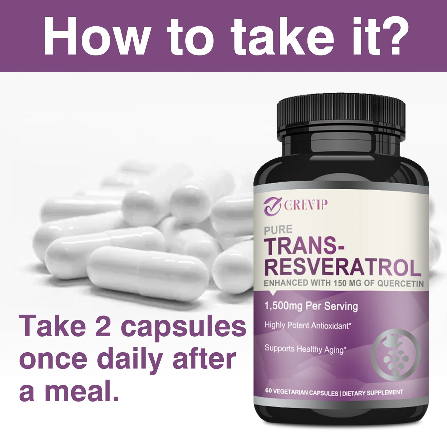 Trans-Resveratrol Supplement 1500mg - Anti-aging, Antioxidant, Brain, Heart, Skin Health - 60 Capsules