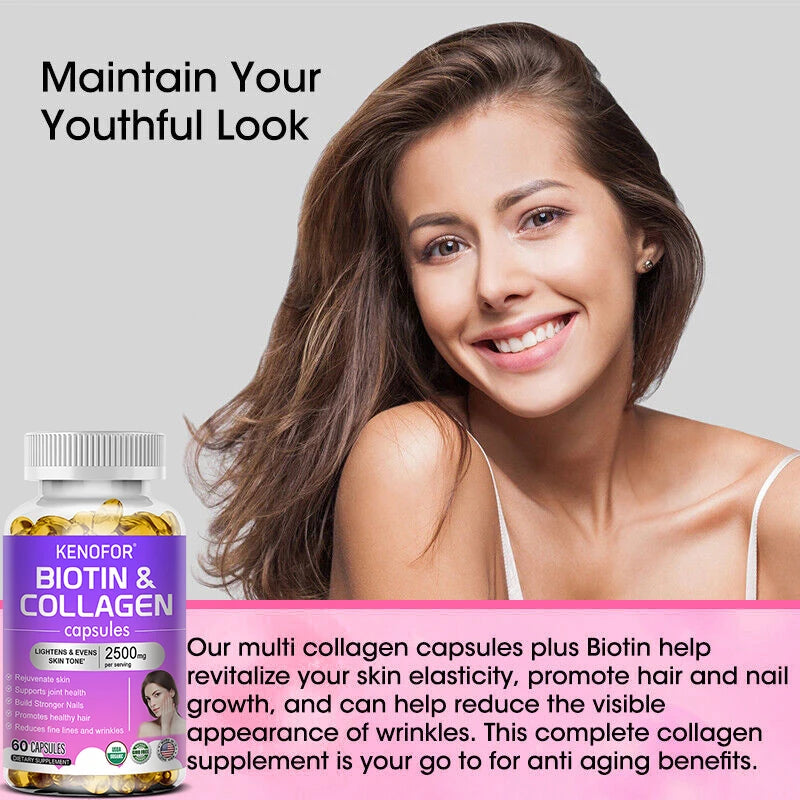 Biotin and Collagen Supplements for Hair Growth - For Hair, Skin and Nails - Anti-Aging