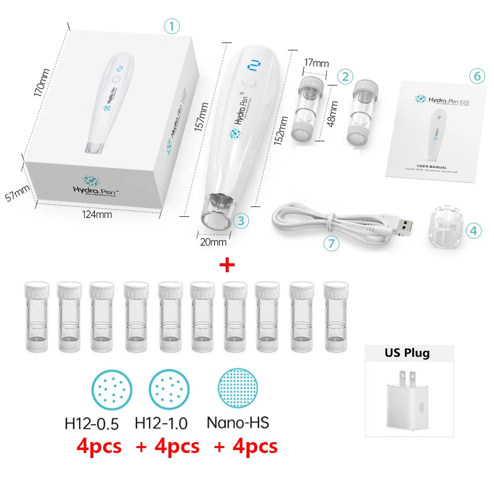 Hydra.pen H2 Wireless Professional Microneedling Pen Automatic Serum Applicator Dr.pen Amazing Skin Care Tool - 12pcs Cartridges