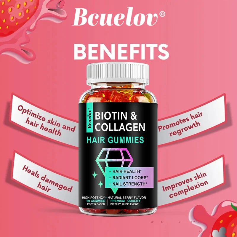 Collagen Gummies, Biotin, Good for Hair, Skin and Nails, Supports Joints, Bones, Digestion - Non-GMO