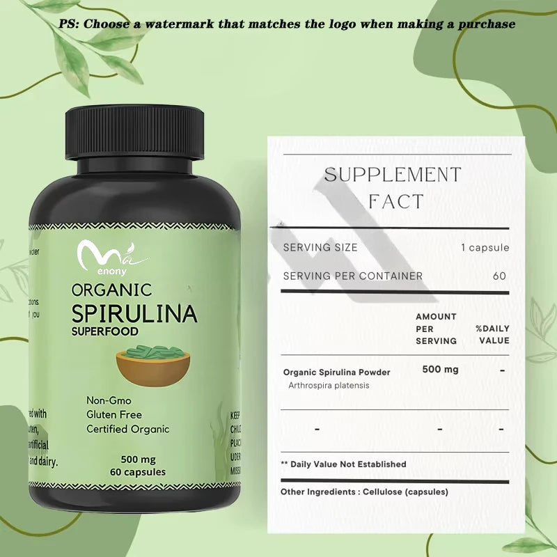 Spirulina Protein Powder Capsules - Vitamins & Minerals for Energy - Vegetarian, Gluten Free Superfood for  (60 Capsules)