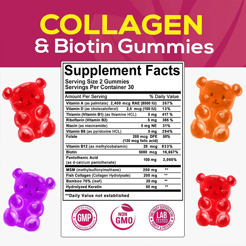 Collagen Gummies, Biotin, Good for Hair, Skin and Nails, Supports Joints, Bones, Digestion - Non-GMO